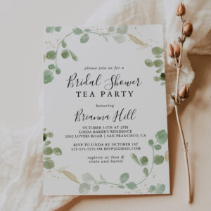 Gold Confetti Eucalyptus Bridal Shower Tea Party Invitation
