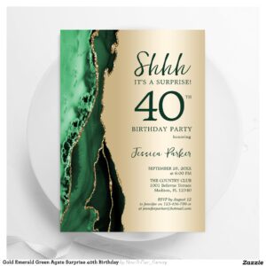 Gold Emerald Green Agate Surprise 40th Birthday Invitation
