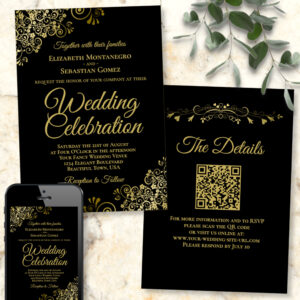 Gold Filigree on Black Elegant QR Code Wedding Invitation