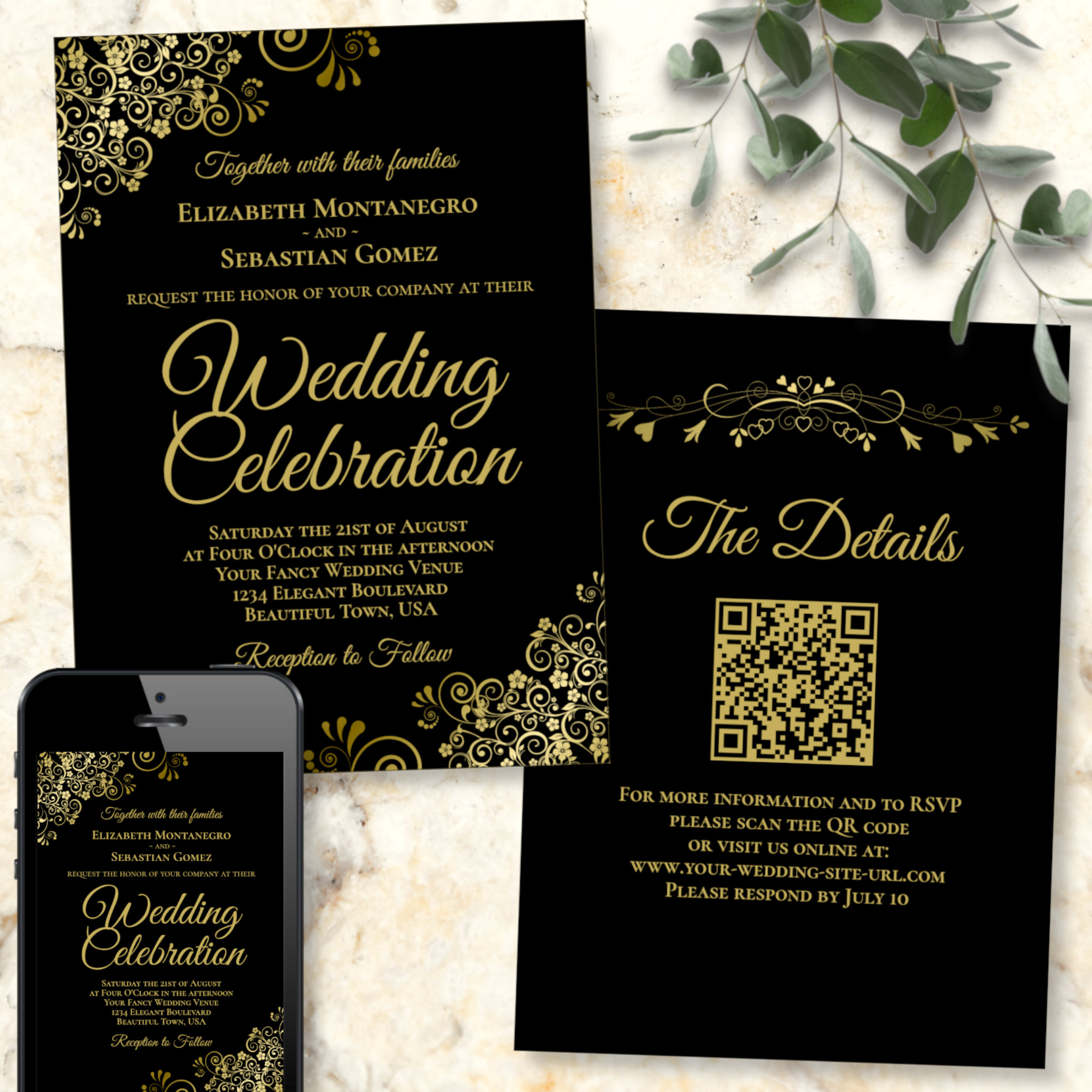 Gold Filigree on Black Elegant QR Code Wedding Invitation