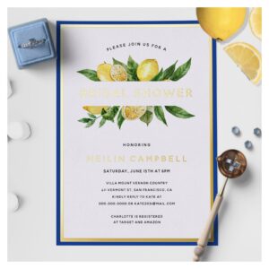 Gold Foil Mediterranean Tile Lemon Bridal Shower Foil Invitation