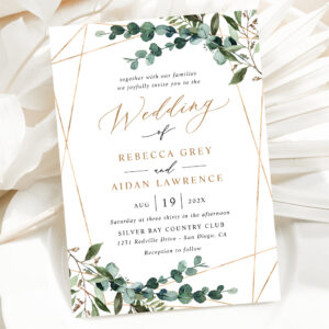 Gold Frame Rustic Watercolor Greenery Wedding Invitation