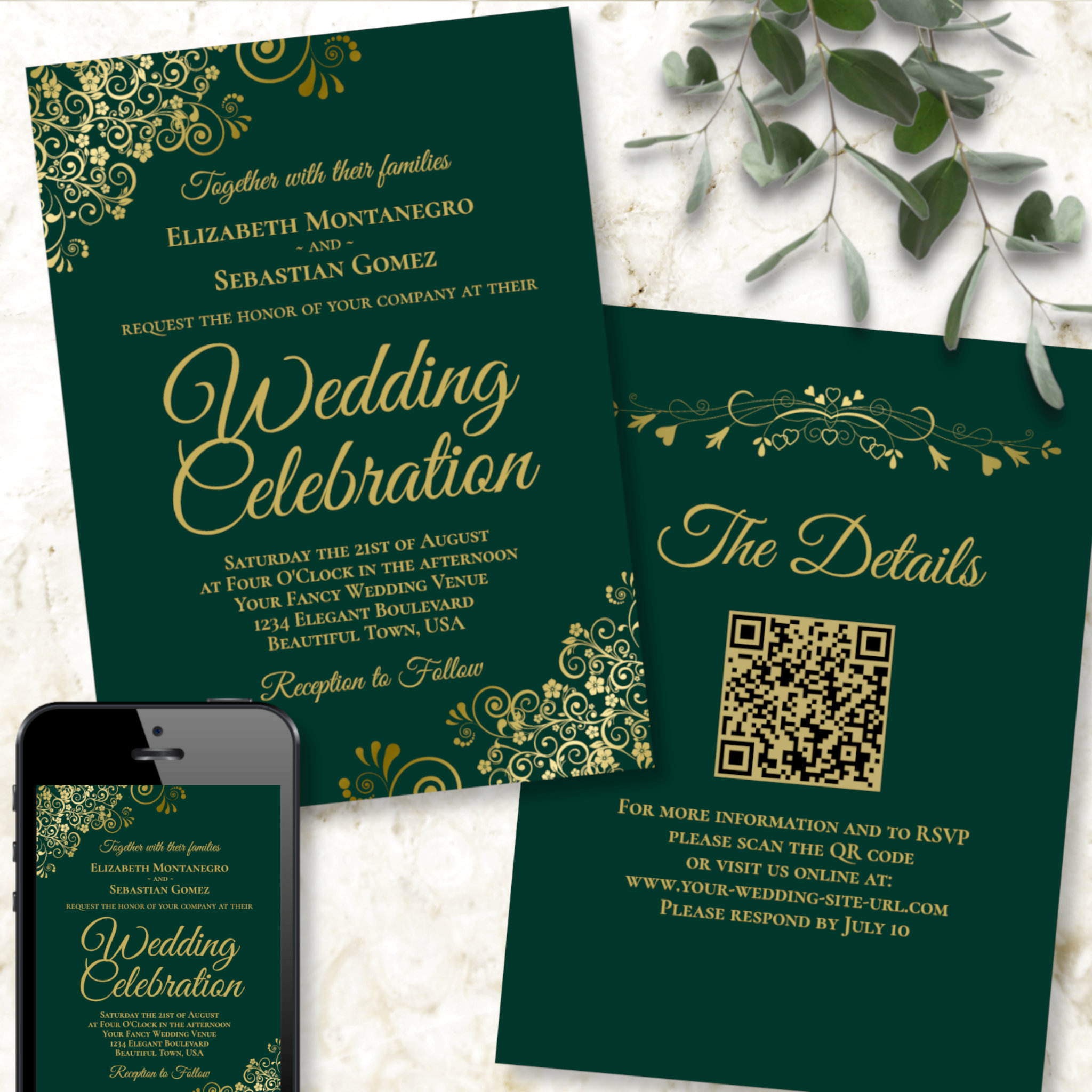 Gold Frills Emerald Green Elegant QR Code Wedding Invitation