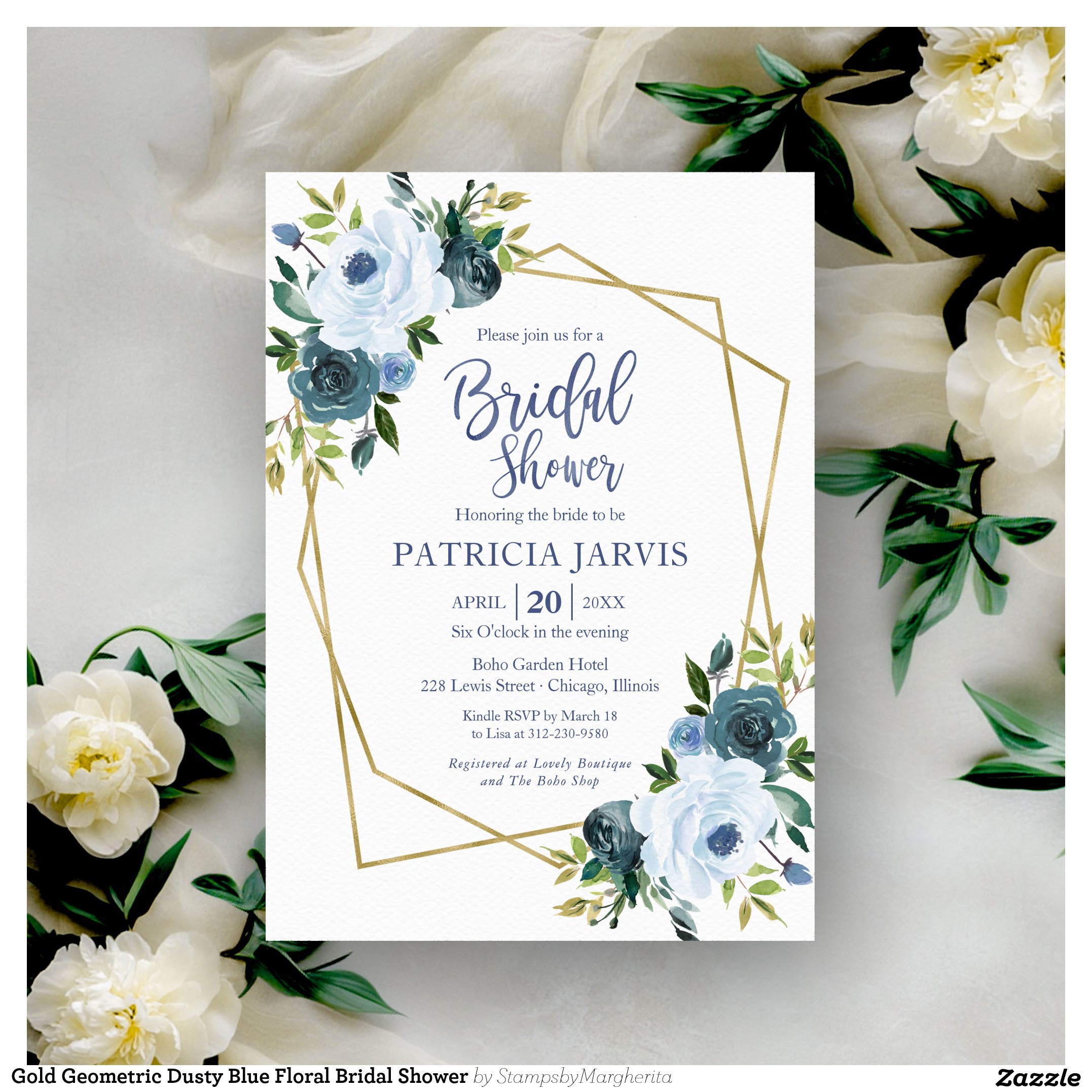 Gold Geometric Dusty Blue Floral Bridal Shower Invitation