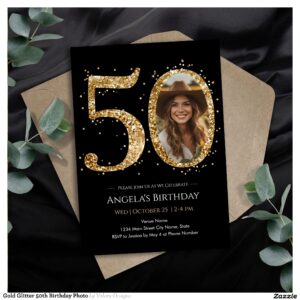 Gold Glitter 50th Birthday Photo Invitation
