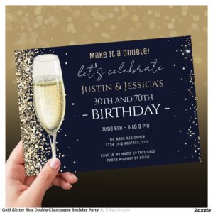 Gold Glitter Blue Double Champagne Birthday Party Invitation