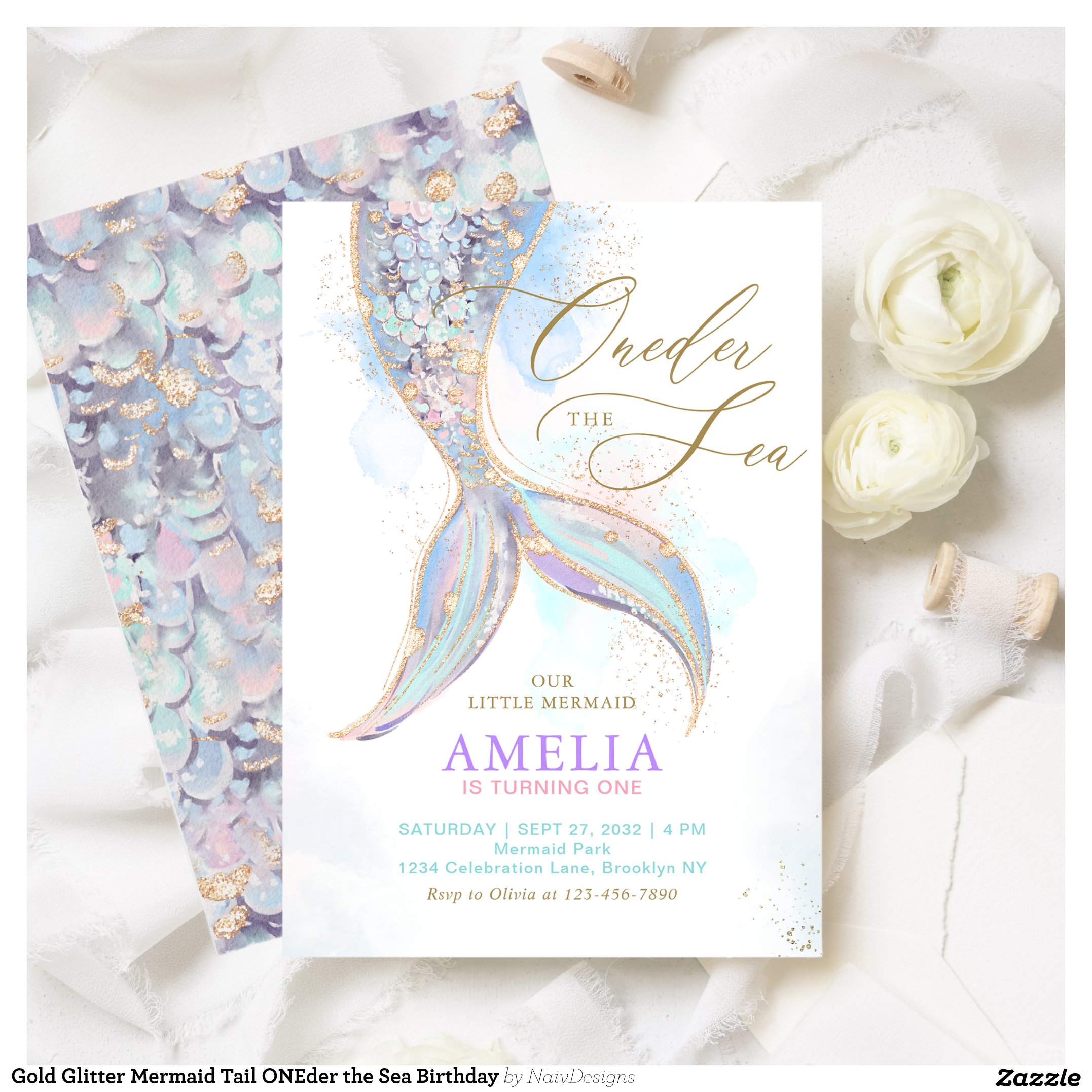 Gold Glitter Mermaid Tail ONEder the Sea Birthday Invitation