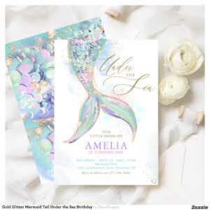 Gold Glitter Mermaid Tail Under the Sea Birthday Invitation