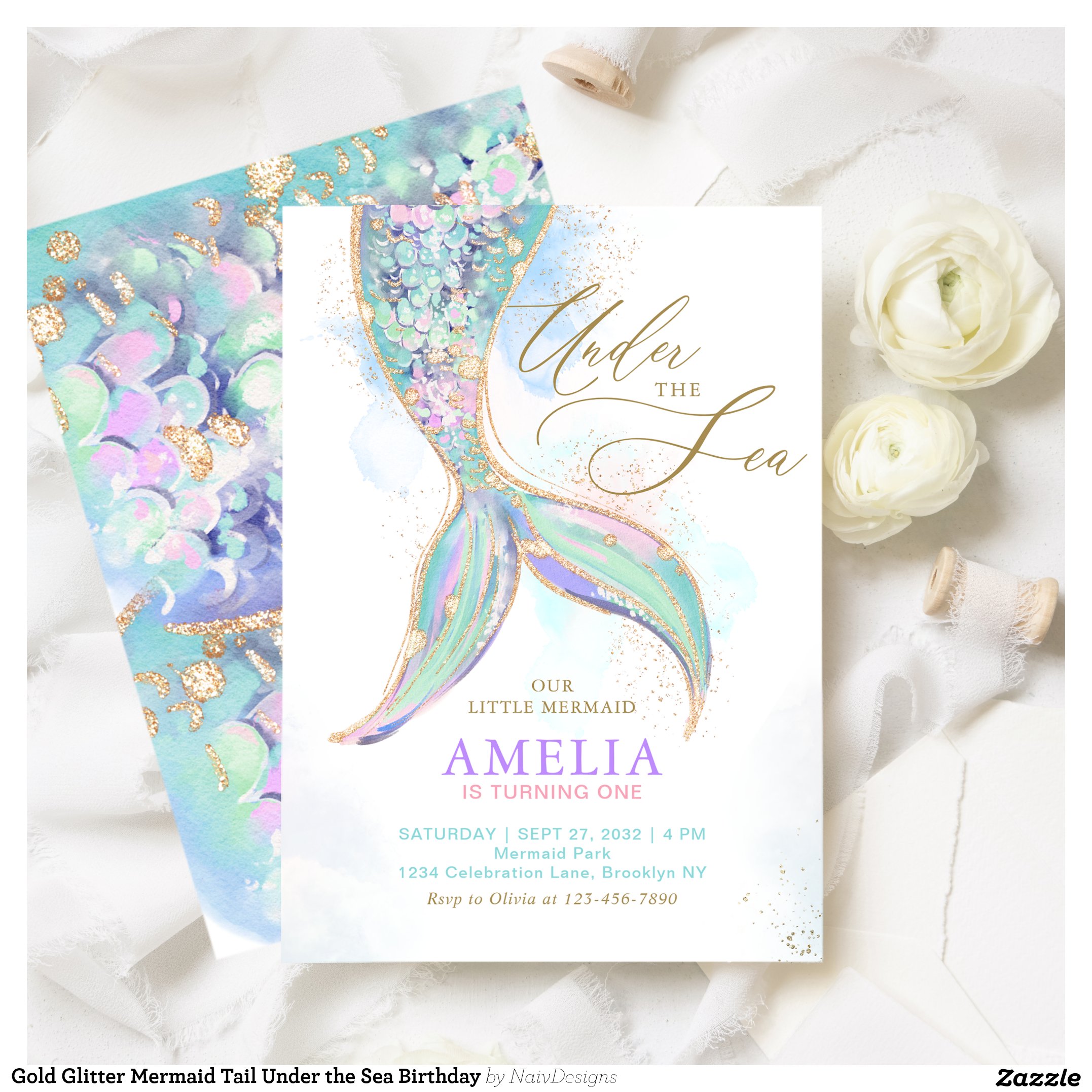 Gold Glitter Mermaid Tail Under the Sea Birthday Invitation