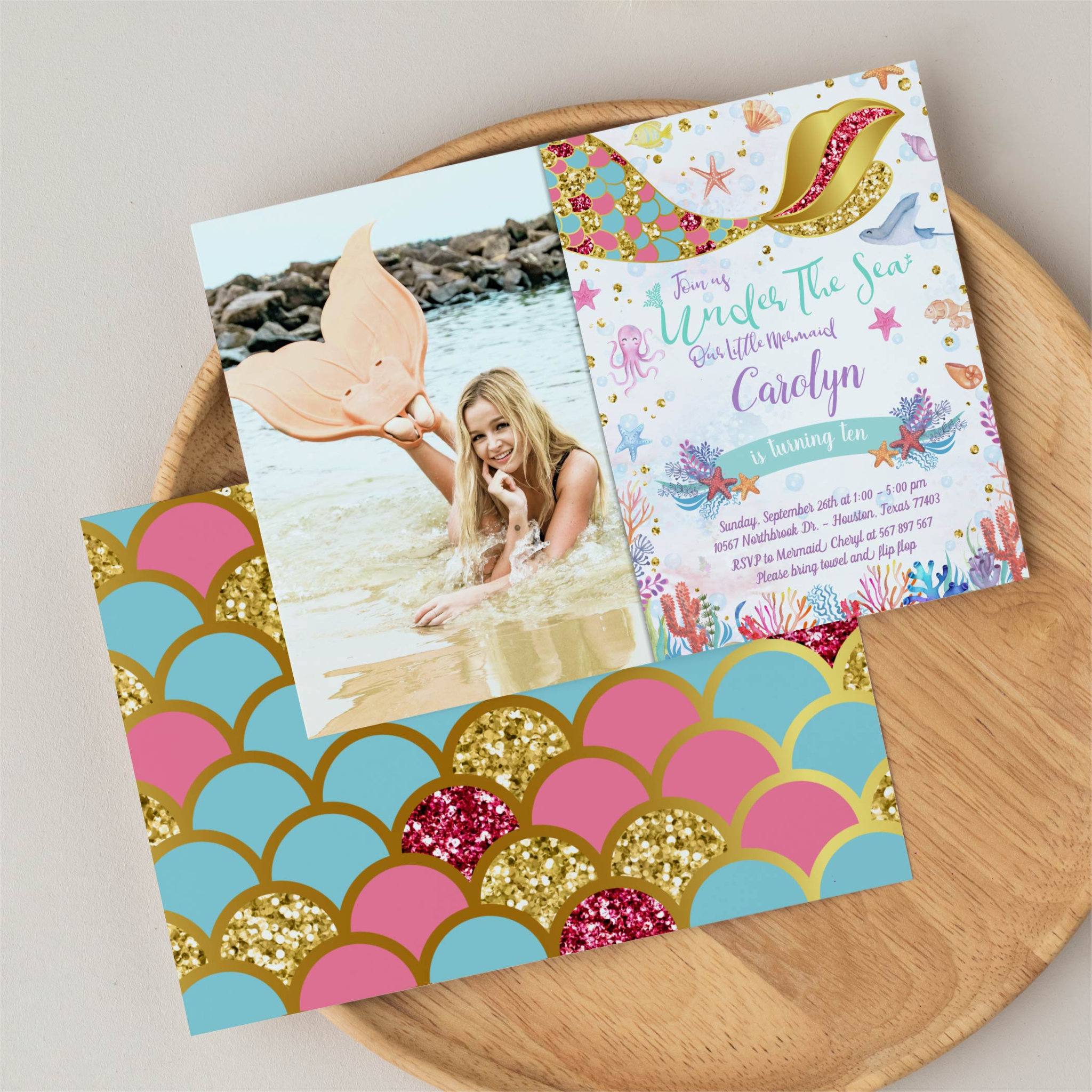 Gold Glitter Mermaid Under The Sea Birthday Photo Invitation