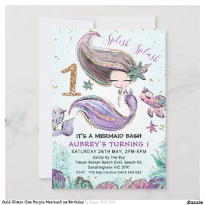 Gold Glitter One Purple Mermaid 1st Birthday Invitation