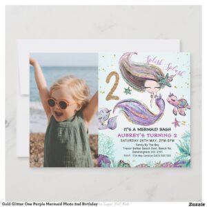 Gold Glitter One Purple Mermaid Photo 2nd Birthday Invitation