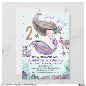 Gold Glitter Two Purple Mermaid 2nd Birthday Invitation