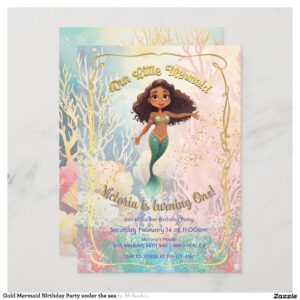 Gold Mermaid BIrthday Party under the sea Invitation