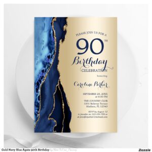 Gold Navy Blue Agate 90th Birthday Invitation