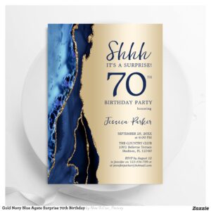 Gold Navy Blue Agate Surprise 70th Birthday Invitation