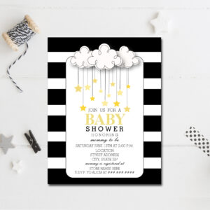 Gold Stars Cloud Black + White Neutral Baby Shower Invitation