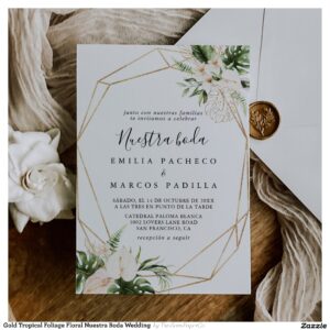 Gold Tropical Foliage Floral Nuestra Boda Wedding  Invitation