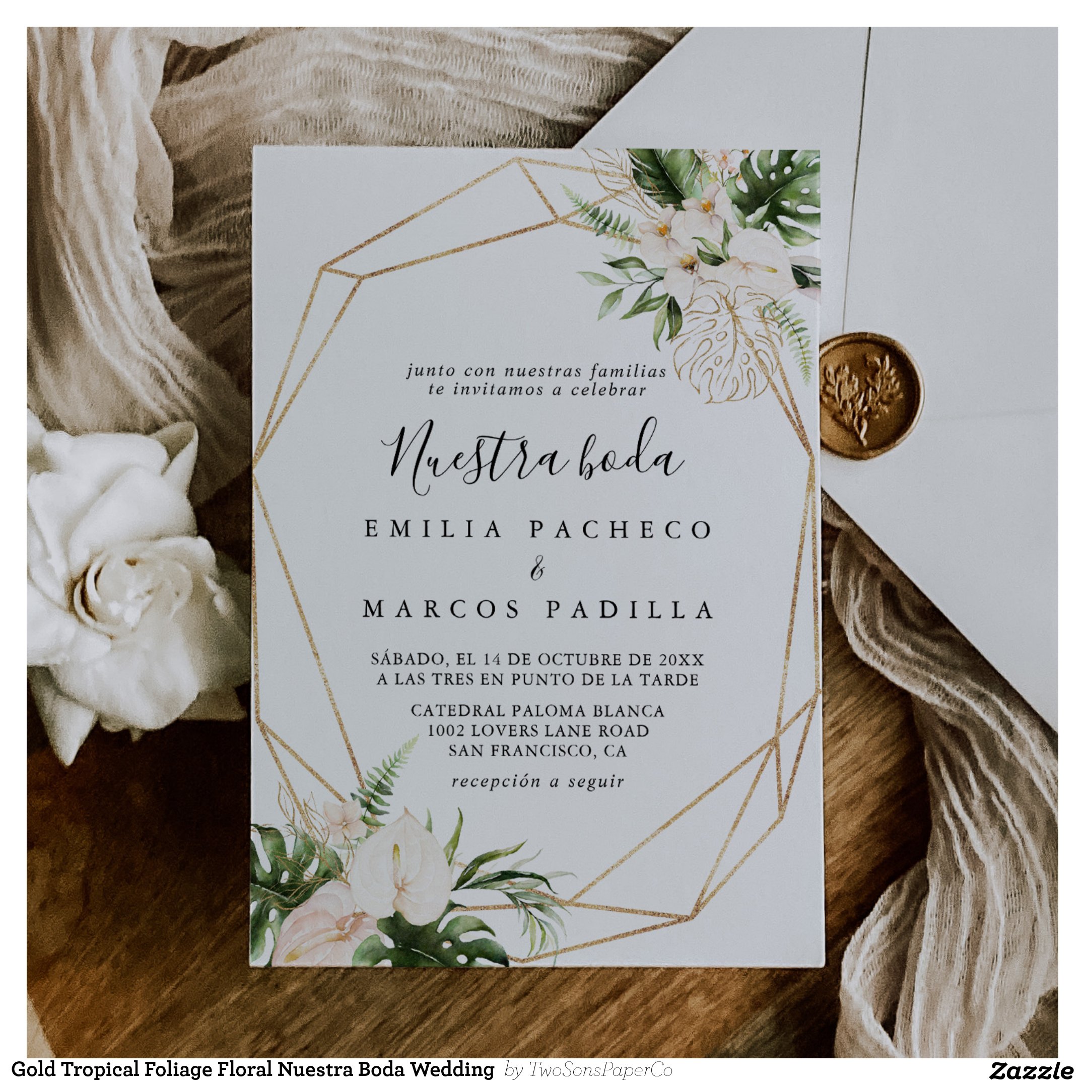 Gold Tropical Foliage Floral Nuestra Boda Wedding  Invitation