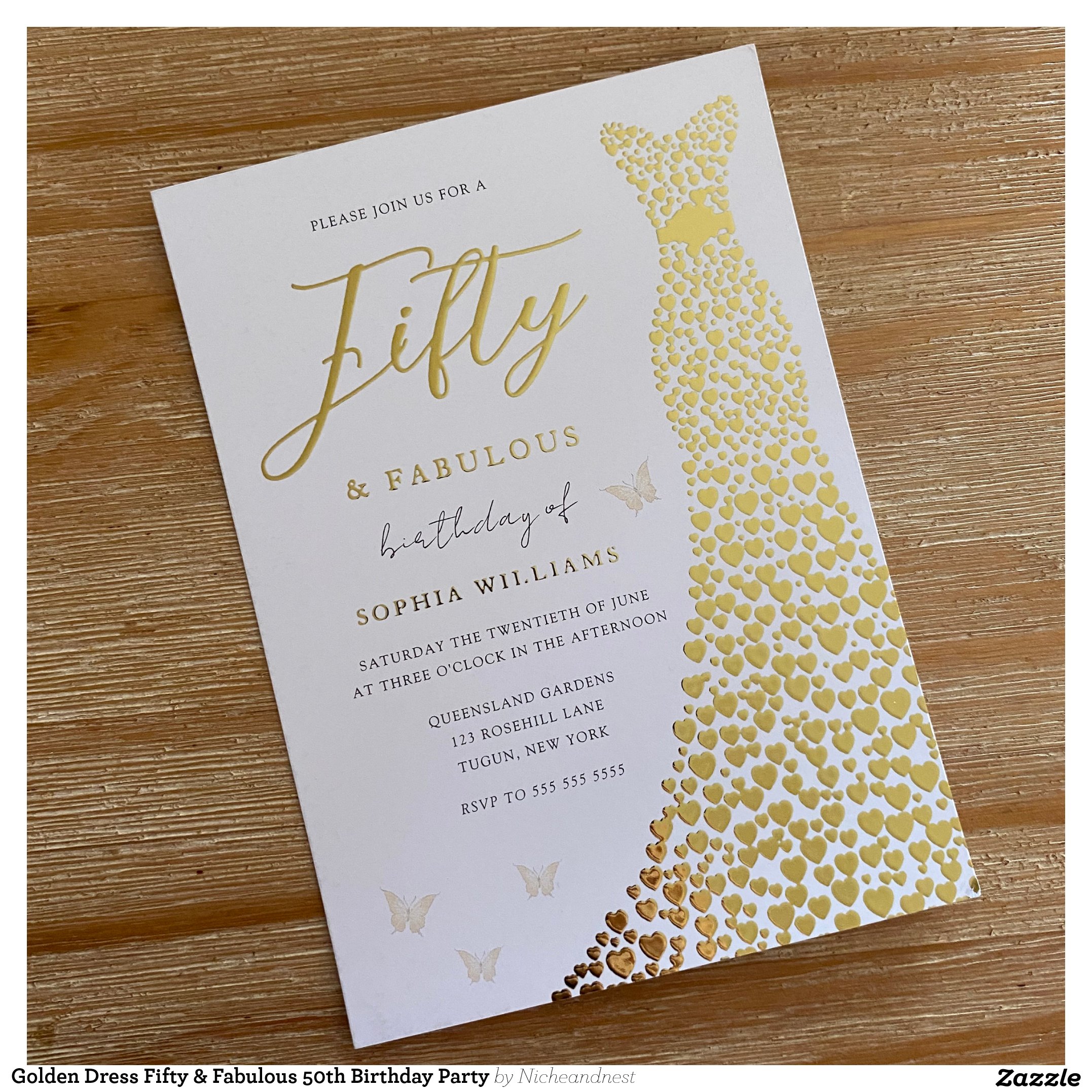 Golden Dress Fifty & Fabulous 50th Birthday Party Foil Invitation