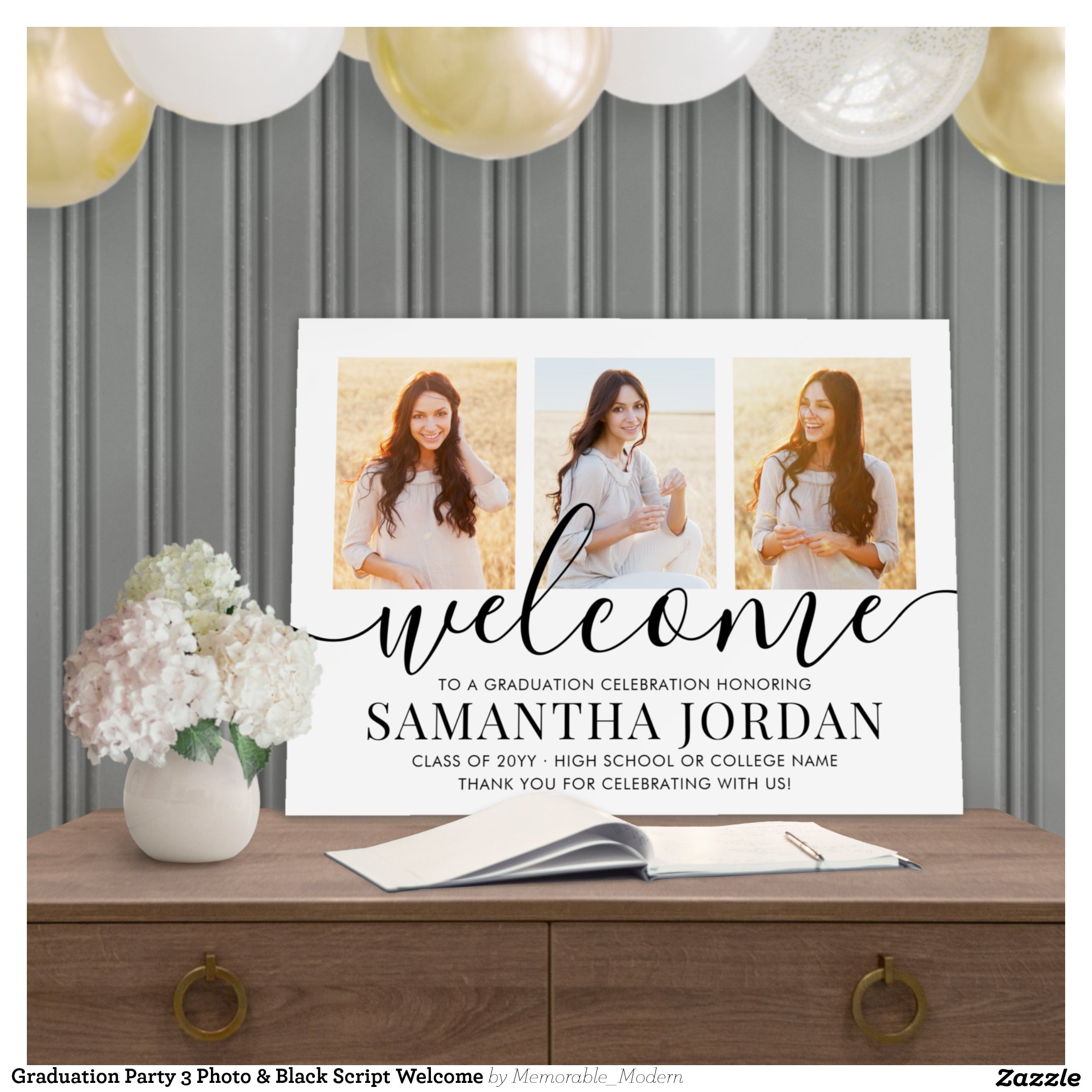 Graduation Party 3 Photo & Black Script Welcome Foam Board