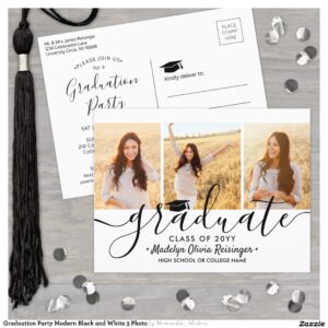 Graduation Party Modern Black and White 3 Photo Invitation Postcard