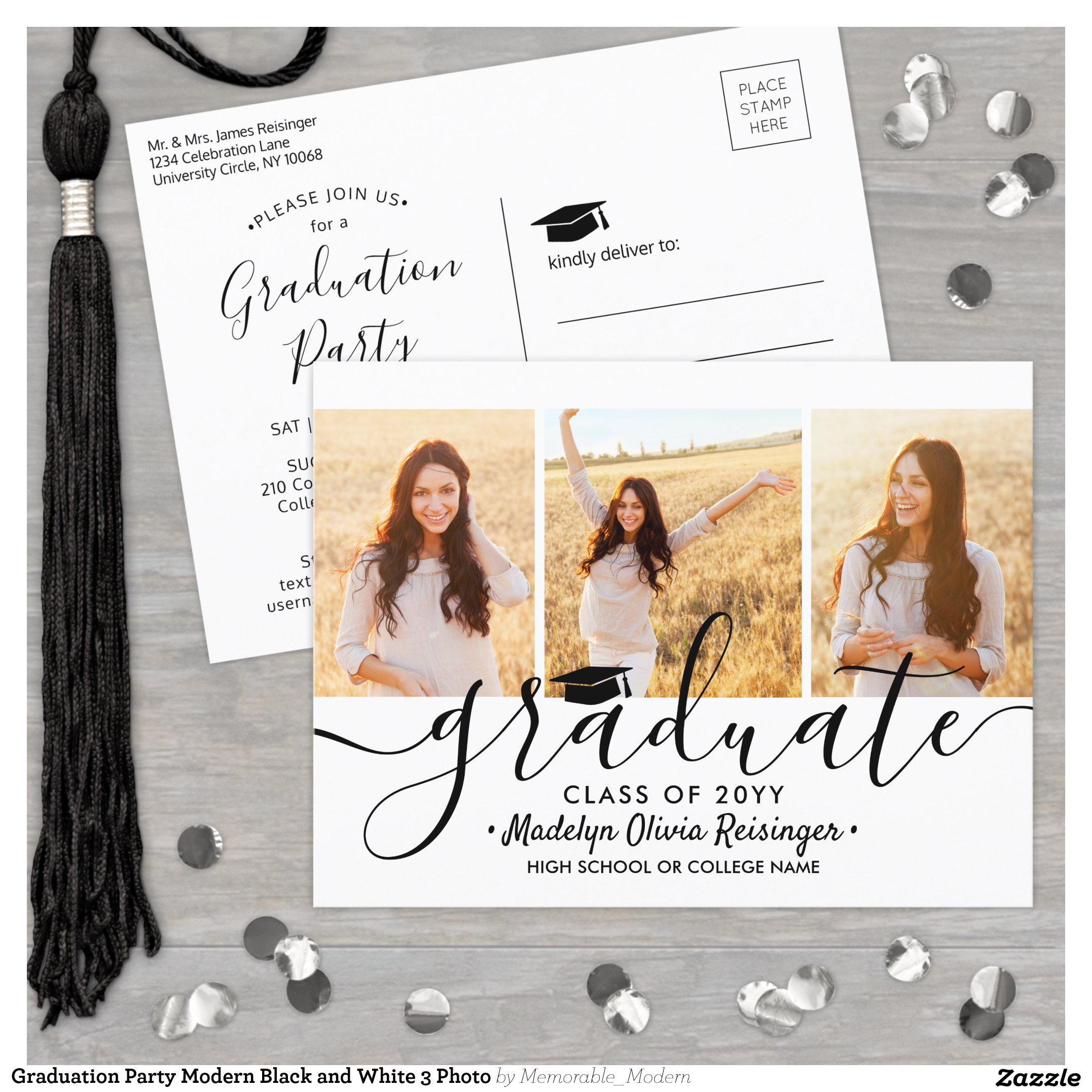 Graduation Party Modern Black and White 3 Photo Invitation Postcard