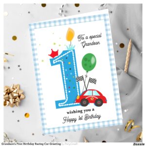 Grandson's First Birthday Racing Car Greeting Card