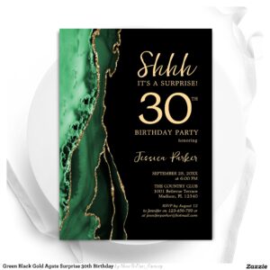 Green Black Gold Agate Surprise 30th Birthday Invitation
