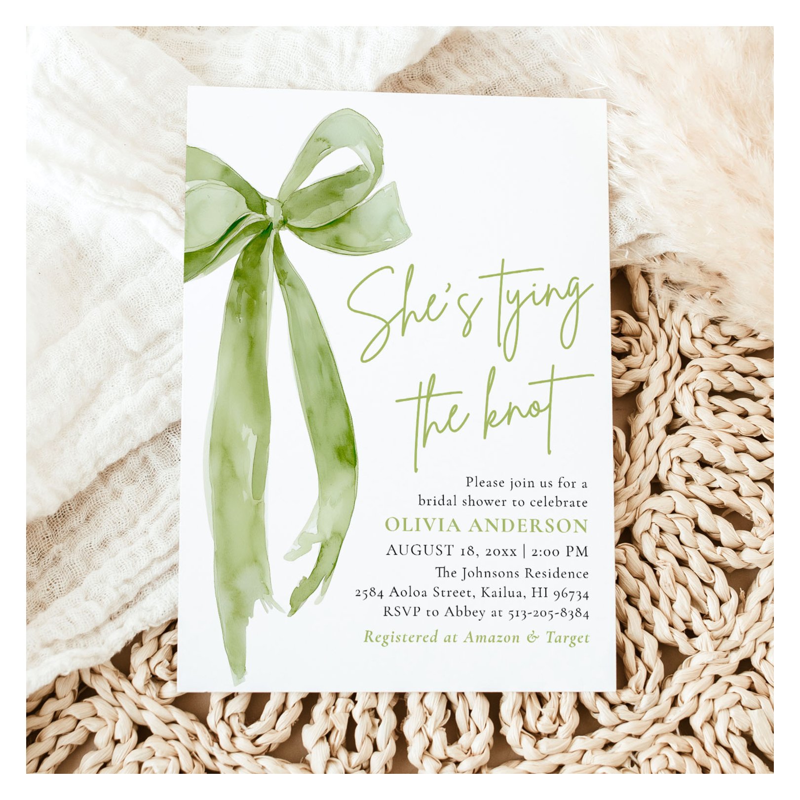 Green Bow She's Tying the Knot Bridal Shower Invitation