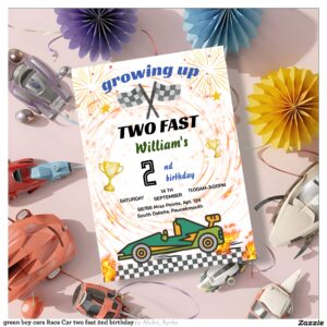 green boy cars Race Car two fast 2nd birthday Invitation
