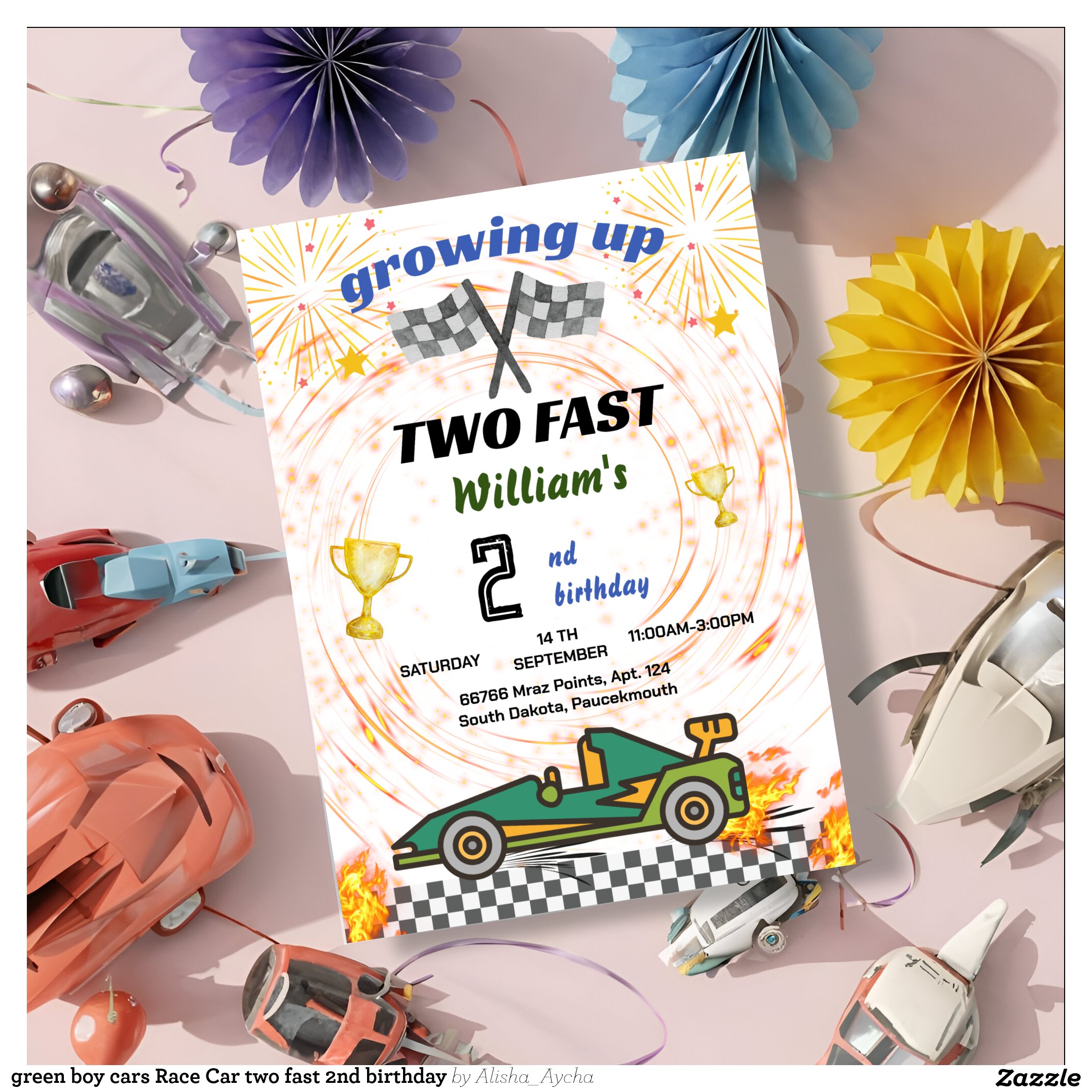 green boy cars Race Car two fast 2nd birthday Invitation