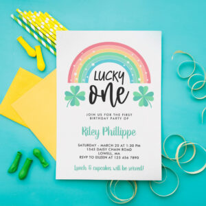 Green Clover & Rainbow Lucky One First Birthday Invitation