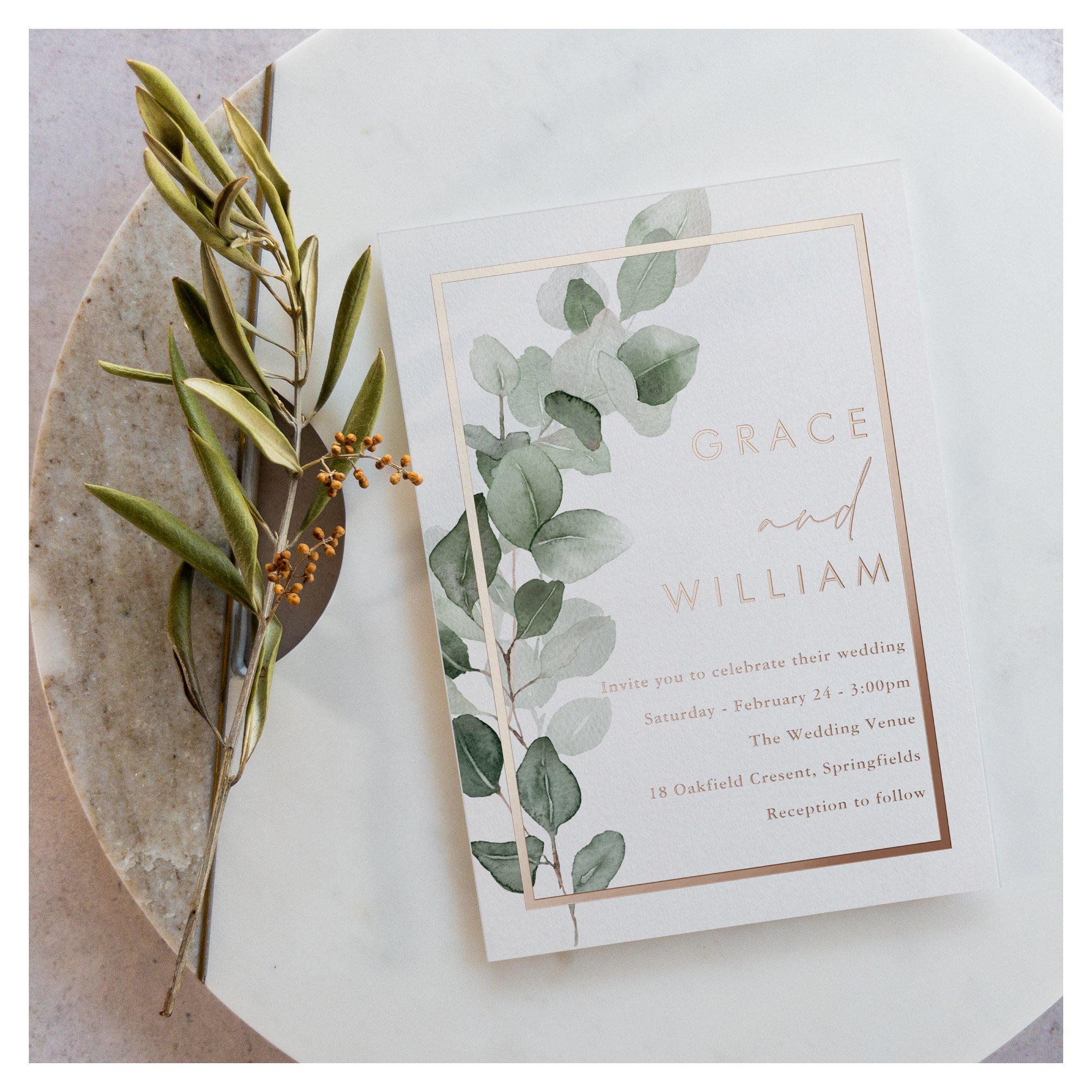 Green Leaves Rose Gold Foil Border Wedding Foil Invitation