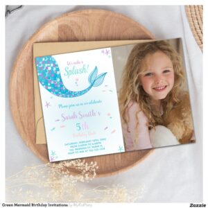 Green Mermaid Birthday Invitations
