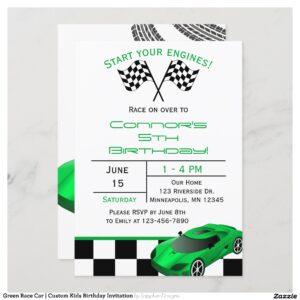 Green Race Car   Custom Kids Birthday Invitation