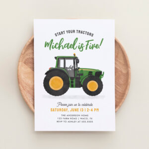 Green Tractor Birthday Party Invitation