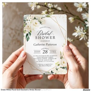 Green White Floral Gold Geometric Bridal Shower Invitation