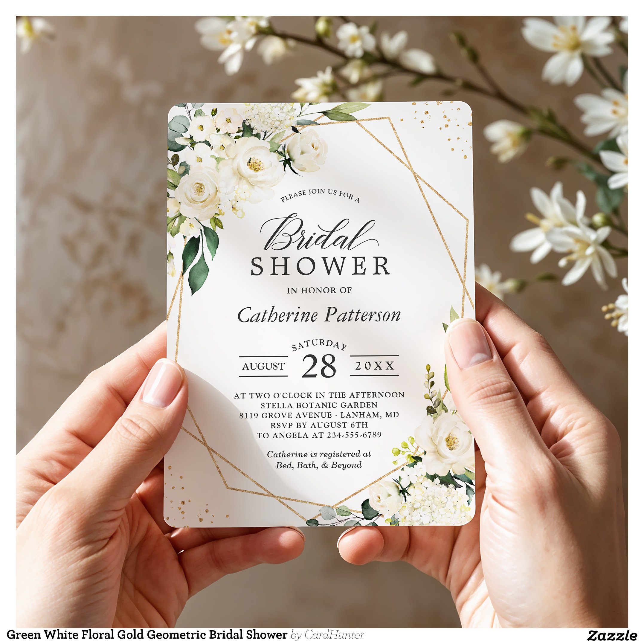 Green White Floral Gold Geometric Bridal Shower Invitation