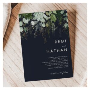 Greenery and Gold Leaf   Dark Navy Wedding Invitation