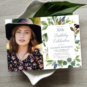 Greenery green leaves dusty blue birthday photo invitation