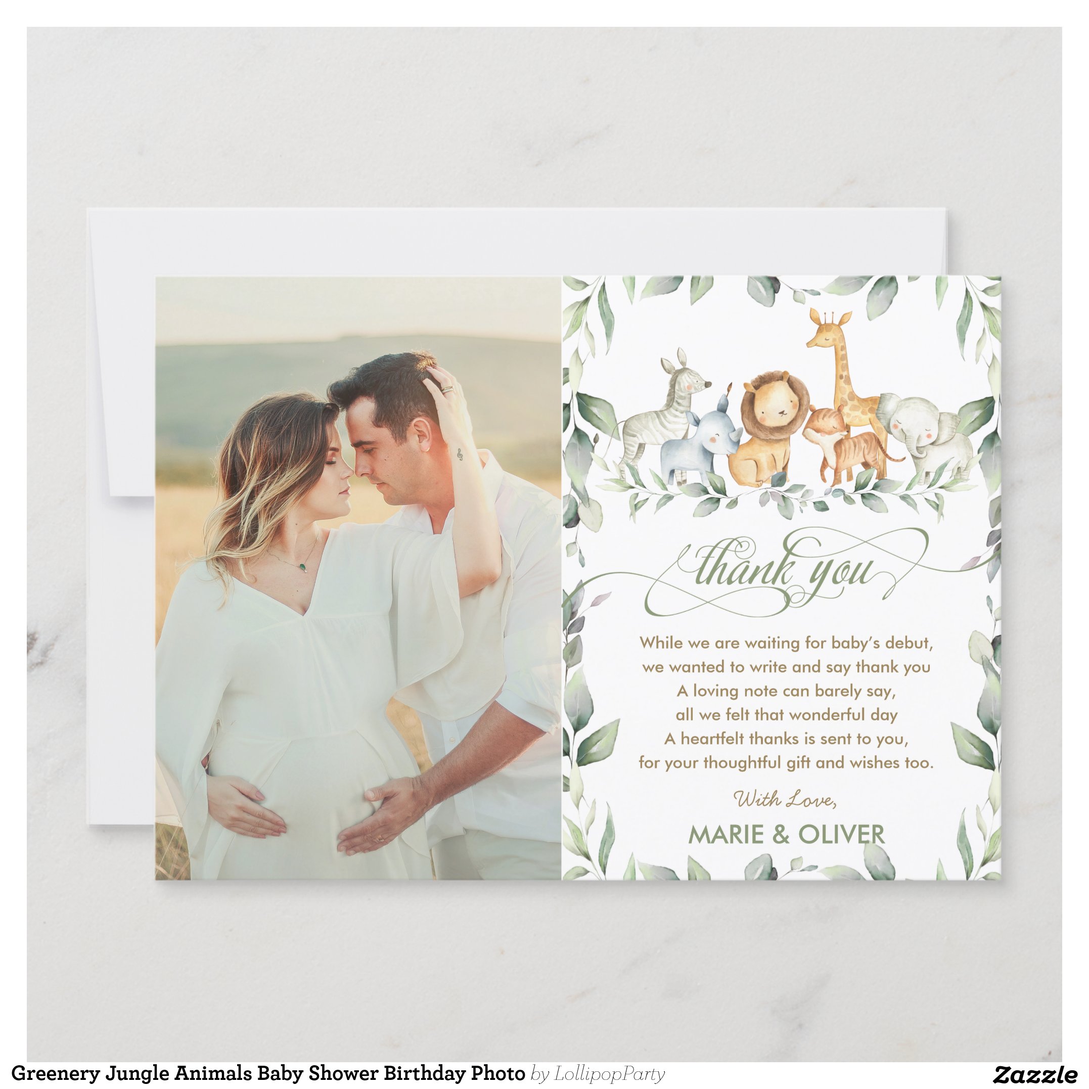 Greenery Jungle Animals Baby Shower Birthday Photo Thank You Card