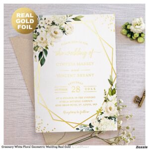 Greenery White Floral Geometric Wedding Real Gold  Foil Invitation