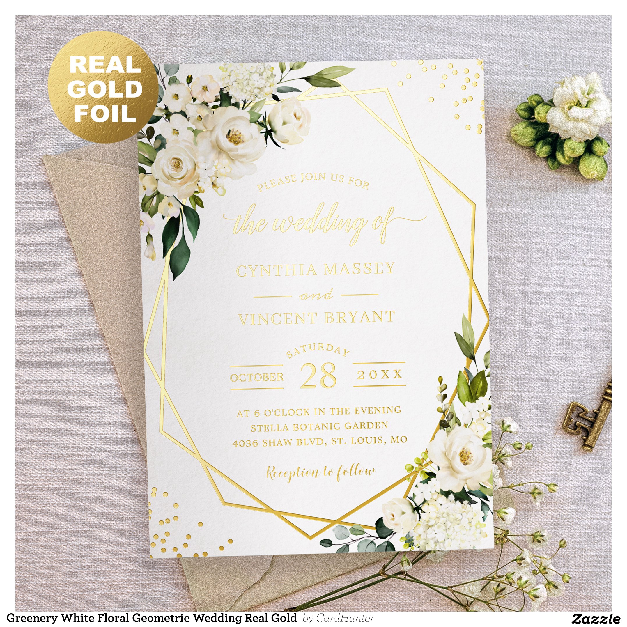 Greenery White Floral Geometric Wedding Real Gold  Foil Invitation