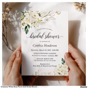 Greenery White Rose Floral Gold Bridal Shower Invitation