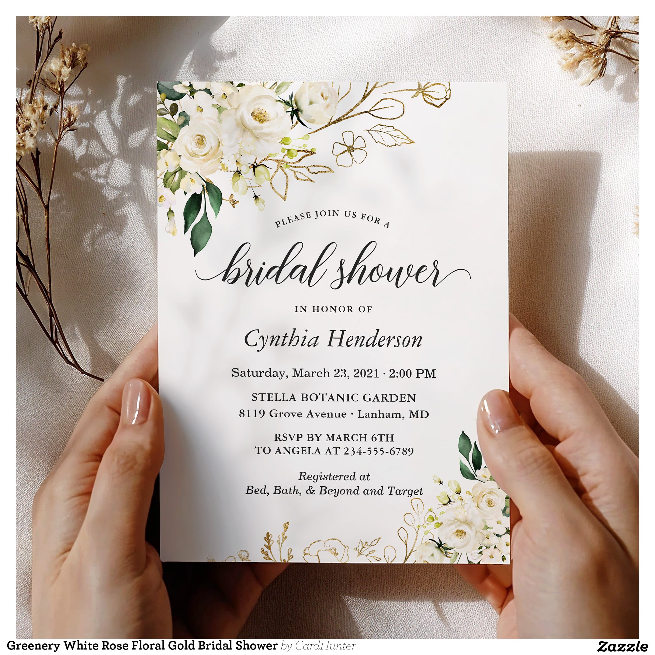 Greenery White Rose Floral Gold Bridal Shower Invitation