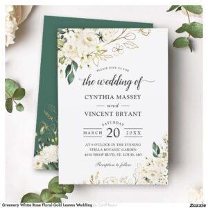 Greenery White Rose Floral Gold Leaves Wedding Invitation