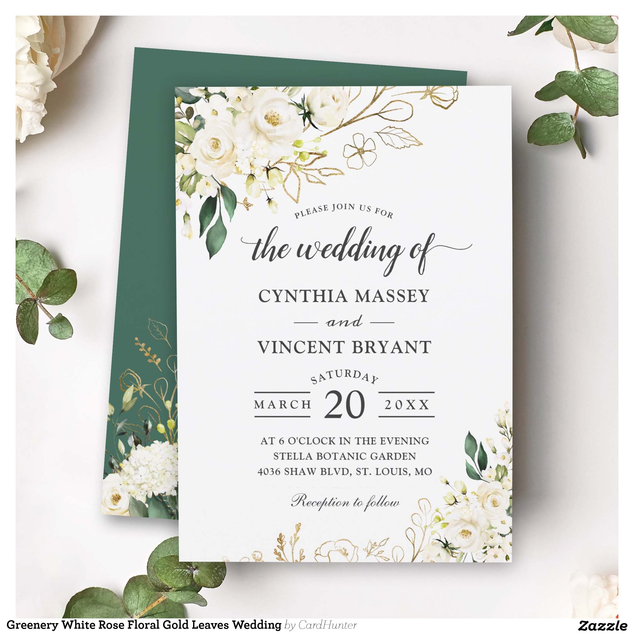 Greenery White Rose Floral Gold Leaves Wedding Invitation