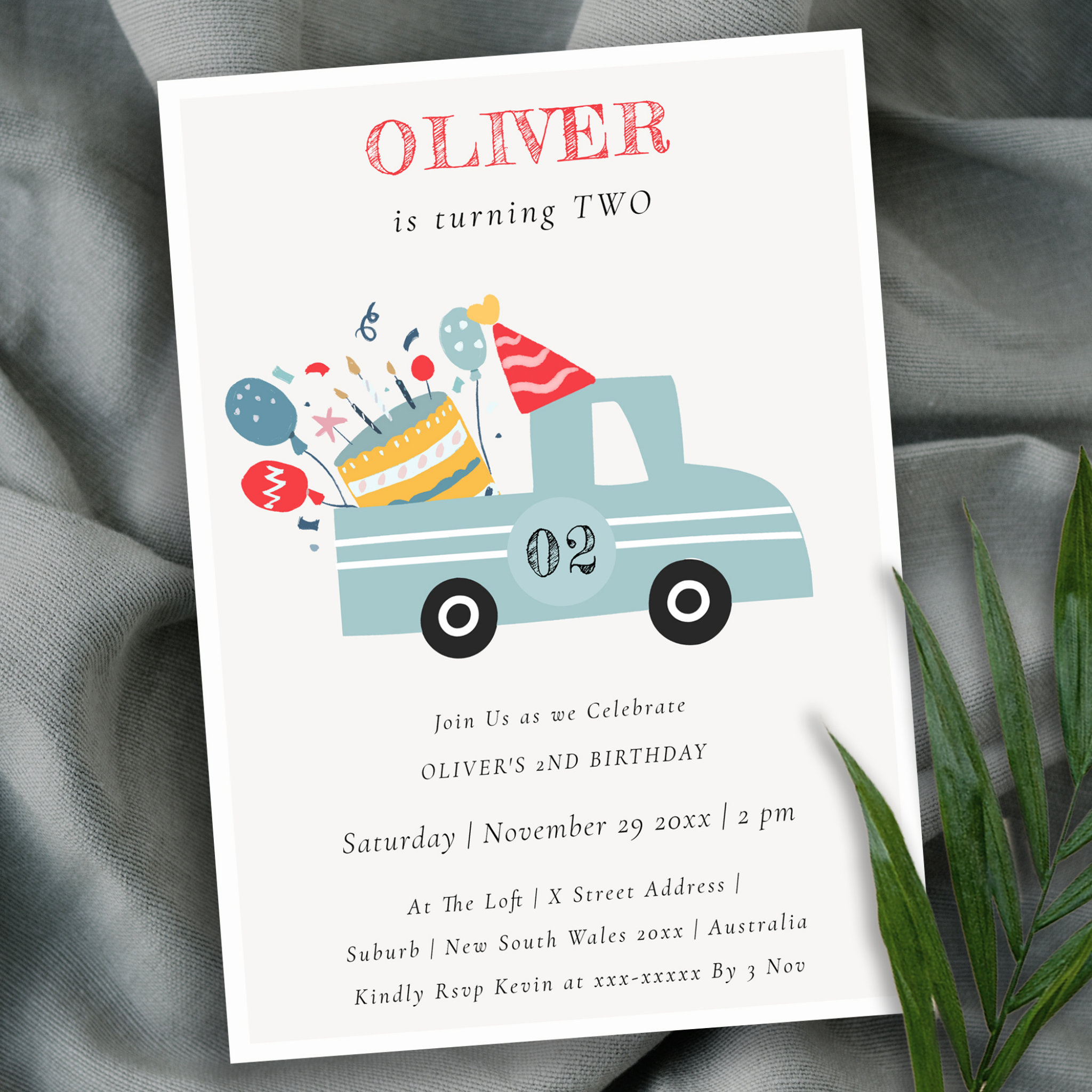 Grey Blue Any Age Birthday Party Cake Truck Invite