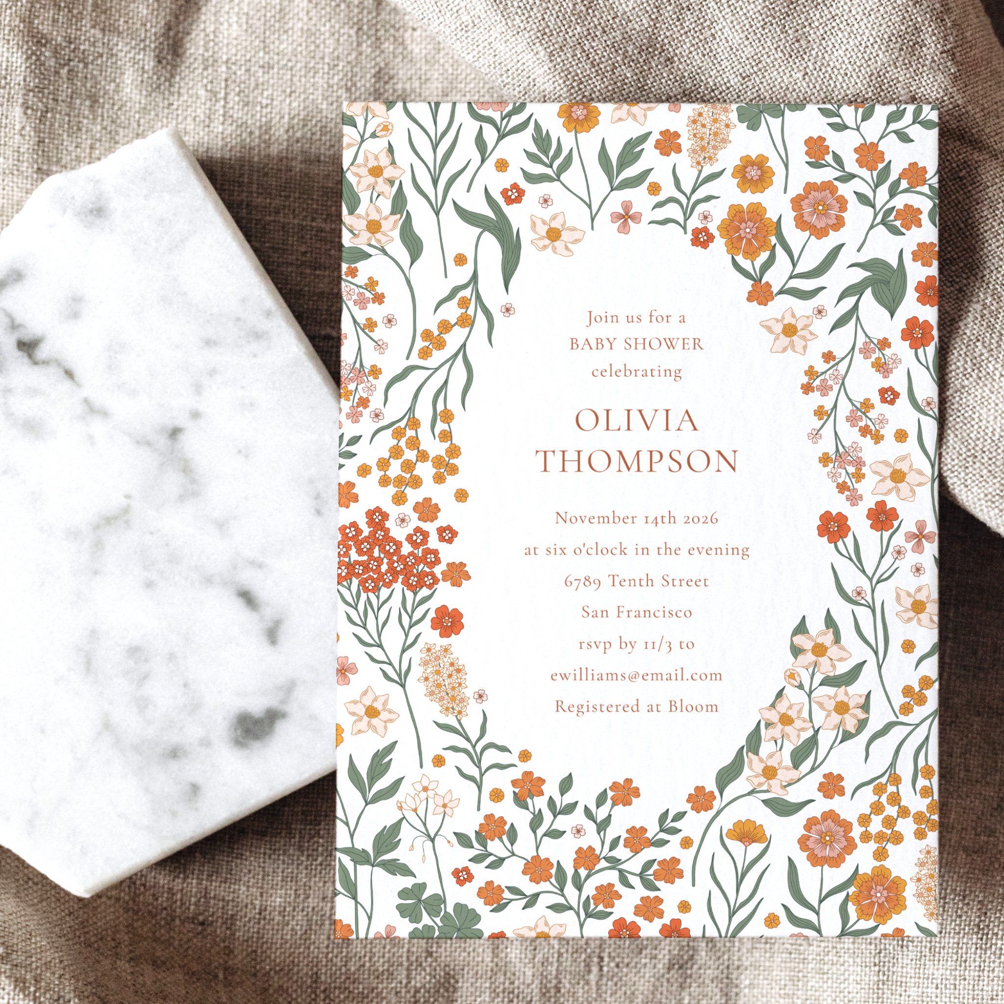 Groovy Boho Orange Wildflower Whimsy Baby Shower Invitation